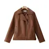 Nueva chaqueta de cuero de mujer para primavera y otoño del fabricante, estilo corto ajustado de color marrón para damas con cuello de solapa y cremallera, abrigo estilo coreano