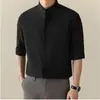 Camisa de Moda Fina de Manga Corta para Hombre, Nuevo Estilo Chino Versión Coreana para Hombre Ajustada Cuello Alto Holgada de Seda Hielo Manga Media