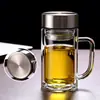Caneca de chá de vidro de camada dupla espessa com alça para uso em negócios e escritório, pode ser personalizada com o logotipo da empresa como brinde promocional