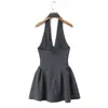 Vestido Francés de Terciopelo con Lunares, Cuello Halter Profundo en V, Mangas Abullonadas Fruncidas en la Falda, Estilo Europeo y Americano, Elegante y Único, Vestido que Ceñe la Cintura y Adelgaza