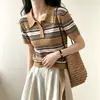 Camiseta de punto para mujer estilo francés, con cuello polo a rayas caqui, manga corta, top de verano de seda helada estilo old money, corte ajustado