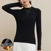Camiseta de manga longa com gola alta, cor sólida, quente, de veludo, para outono e inverno, feminina, estilo simples, justa, top versátil