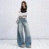 Jeans juveniles naranjas # Lavados y desgastados con textura vintage de pierna ancha para mujer, corte holgado, adelgazantes, modernos, versátiles, pantalones de largo completo