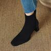Botas Curtas de Salto Bloco Quadradas para Mulheres 2025 Novas Outono e Inverno Camurça Versátil Elásticas de Salto Alto Botas Elegantes Slim para Mulheres