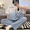 Pijama de manga curta e calça comprida para mulheres, verão, desenho animado, plus size, estilo primavera e outono, modelagem solta para estudantes, conjunto de roupa de casa de verão para mulheres