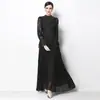 Fotos Reales de Ropa de Mujer para Exportación - Vestido Largo Elegante Plisado Estilo Retro Francés de Manga Larga que Ceñe la Cintura Adelgazante