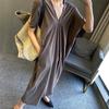 Vestido Feminino Plus Size Estilo Coreano Solto e Despojado Decote V Manga Morcego Verão Slim Manga Curta Saia Longa