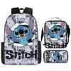 Mochila escolar de tres piezas con diseño de dibujos animados de Stitch, ideal para estudiantes de primaria y secundaria.
