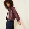 Chaqueta de Cuero PU Retro de Gama Alta para Mujer con Cuello de Solapa, Múltiples Bolsillos, Chaqueta Corta de Cuero Estilo Piloto, Abrigo Versátil Casual de Piel Sintética