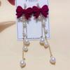 Pendientes Largos Ancora Vino Tinto con Lentejuelas Rojas, Lazo, Borla de Perlas, Pendientes Festivos de Otoño, Invierno y Año Nuevo