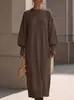 Nuevo vestido de punto de color liso con cuello redondo y mangas tipo linterna, corte holgado, europeo y americano, para mujer, vestido suéter largo de otoño e invierno