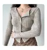 Camiseta de moda estilo europeo y americano, Cárdigan de punto acanalado elástico retro de manga larga para mujer, Top ajustado