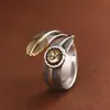 Anillo de Pluma Abierto Personalizado Vintage Desgastado de Plata S925 Rey Ciervo Dorado para Hombres y Mujeres, Joyería de Mano de Tendencia Nicho