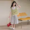 Conjunto de Top de Manga Corta Estilo Coreano para Niñas con Falso Dos Piezas y Pantalones de Pierna Ancha a Cuadros Verano 2026 Conjunto de Dos Piezas Holgado Adelgazante