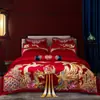 Conjunto de Roupa de Cama de Casamento Dragão e Fênix de Luxo, Conjunto de Quatro Peças em Vermelho Brilhante, Roupa de Cama de Casamento para o Noivo, Colcha de Dote para a Noiva