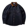 Camisa de Mezclilla Gruesa Indigo de Manga Larga Estilo Granero Retro Americano con Bolsillos, Chaqueta Camisa de Trabajo Pesado Vintage Tendencia