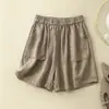 Nuevos shorts de verano para mujer, corte recto, pantalones casuales finos de algodón y lino, cintura elástica, pantalones holgados de pierna ancha, pantalones hasta la rodilla, rayón