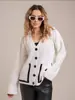 Cárdigan de Punto con Bloques de Color y Bolsillo de Exportación Transfronteriza 2025 Otoño e Invierno Nuevo Holgado Talla Grande Cuello en V Suéter Abrigo para Mujer