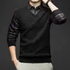 Suéter Masculino com Forro de Fleece, Espessado, Tricô Falso de Duas Peças para Homens, Novo Modelo Inverno 2025, Camisa Térmica Quente para Homens de Meia-Idade