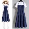 Vestido Fresco de Verão Coreano Falso Duas Peças 2022 para Meninas Cheinhas Tamanho Grande Costura Saia Evasê Saia Midi com Forro