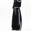 Calça esportiva casual estilo americano com três listras, unissex, marca da moda, cintura elástica, design patchwork, cordão, efeito emagrecedor, perna larga, calça comprida