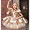 Vestido infantil com design ombro a ombro, vestido de princesa brilhante, novo vestido rodado de malha e cetim, vestido de aniversário de um ano, dropshipping transfronteiriço