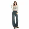 Jeans Retro Azul Stretch de Cintura Alta Wide-Leg para Mulheres, Novas Calças Retas Slim-Fit com Efeito Drapeado