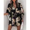 Comércio exterior transfronteiriço europeu e americano mulheres verão manga voadora feminina Amazon V-neck lace-up vestido de praia estampado atacado