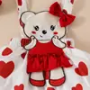Amazon Outono e Inverno Vestido de Bebê Menina Terno Manga Longa Vermelho Chapéus Triângulo Boneca Urso Vestido de Alça Faixa de Cabelo