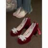 Zapatos de Tacón Alto para Mujer 2025 Nuevos Rojos Zapatos de Boda Novia Flores Hermoso Traje Xiuhe Vestido de Boda Dos Formas de Usar Punta Redonda Tacones Gruesos