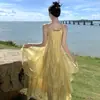Vestido largo de gasa con cuello halter color ámbar, estilo verano, impresionante vestido largo de vacaciones, tela de gasa