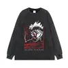 Camiseta anime desgastada de marca streetwear, talla grande, hombros caídos, estilo high street, casual de verano, manga corta y manga larga, en stock