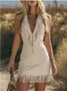 Vestido de estilo occidental nuevo con cuello en V, flecos, ante sintético, corte ajustado, 2026, transfronterizo europeo y americano, en stock en la fábrica