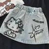 Conjunto de Verão para Meninas 2026 Novo Estilo Estampa de Desenho Animado Camiseta Gatinho Fofo Saia Jeans Conjunto de Duas Peças