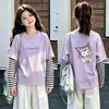 Camiseta de manga larga tipo dos piezas de imitación para niños, colección otoño 2026, para niñas, 100% algodón, cuello redondo, corte holgado, diseño lindo de caricatura, top básico
