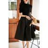 Moda Elegante 2024 Vestido Preto Pequeno Gola Meia Manga Tricô de Lã Costura Saia Tutu Ajuste Slim vestido