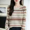Top de punto a rayas vintage estilo francés, de manga larga, nuevo modelo de otoño temprano para mujer, suave, holgado, hombro normal, adelgazante, moderno y elegante