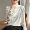 Camiseta de manga larga con felpa interior para mujer, nueva, estilo chino, cuello alto, bordado, camisa de manga larga, estilo nacional, ropa para mujer, top, camiseta básica de punto