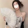 Abanico de plumas estilo antiguo cheongsam femenino pasarela abanico plegable Hanfu Año Nuevo abanico de encaje negro abanico de baile estilo retro chino