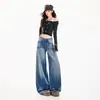 Jeans azules de pierna ancha para mujer, estilo americano, lavado vintage, efecto desgastado de bigotes de gato, para 2026, pantalones largos azules vintage, largo extendido