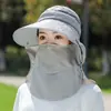 Chapéu de Sol Removível para Mulheres Verão Estilo Coreano Chapéu de Topo Vazio Aba Larga Anti-UV Chapéu de Sol para Ciclismo Chapéu com Máscara Facial