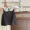 Estrella Infantil Redonda Vestido de Verano para Niños Estilo Retro de Lunares Sin Mangas Color Bloque para Niña Solapa Grande Transpirable Tacto de Algodón Falda de Corte A