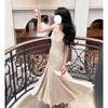 Vestido de Tirantes de Satén para Mujer, Estilo Nuevo, Borde con Volantes Chic, Estilo Suave, Falda Larga, Vestido de Banquete
