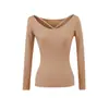 Top de punto sexy ajustado de manga larga con cuello en U de dos vías para mujer, top base ajustado para otoño e invierno con escote pronunciado, top adelgazante