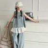 Conjunto de Colete Jeans para Meninas 2025 Novo Verão Roupas Infantis Estilo Coreano Tops Calças Wide Leg para Meninas Conjunto Fashion de Duas Peças