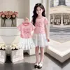 2026 Nuevo Verano Estilo Coreano Estampado de Letras Manga Corta Casual Personalidad Falda de Encaje para Niñas Dulce Conjunto de Dos Piezas Vestido