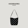 Bolso cubo retro de gamuza patchwork, bolso tote de estudiante a la moda, bolso de hombro casual para el día a día con un diseño único de lunares