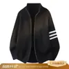 Suéter cárdigan rojo de tres rayas para hombre, estilo casual de invierno, prenda exterior del año zodiacal, cuello semi-alto, tejido de punto con doble cremallera