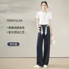 Feng Yu Lan [Linho Tencel] Calça Reta com Cadarço Estrelada Brilhante Feminina Verão Fina Respirável Longa M66