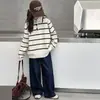 Suéter holgado para niña Otoño Invierno Ropa de abrigo 2026 Nuevo Top base POLO para niños Top de punto a rayas para niños grandes